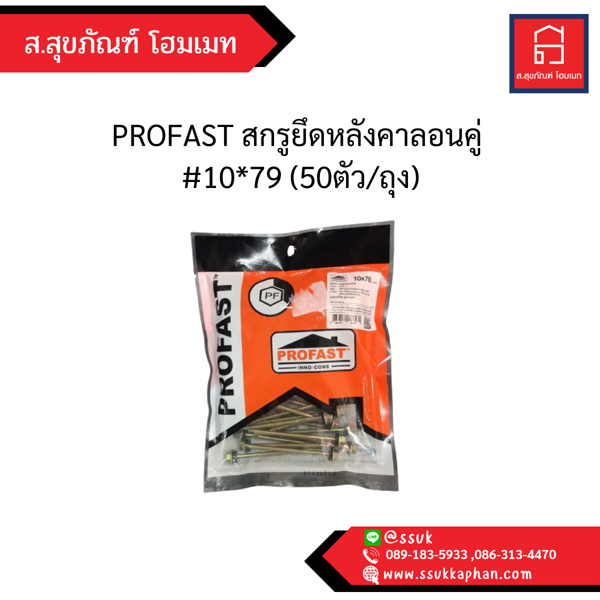 PROFAST สกรูยึดหลังคาลอนคู่ #10*79 (50ตัว/ถุง)