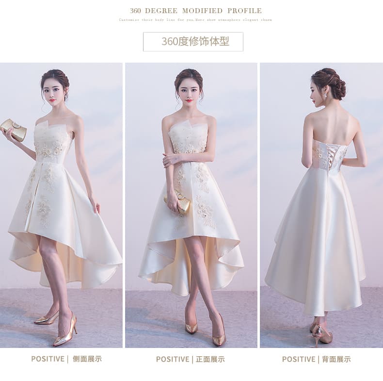 ชุดราตรี หน้าสั้นหลังยาว เกาะอก สีครีม พร้อมส่ง M ผ้าไหมดัชเชส งานร้อยหลัง