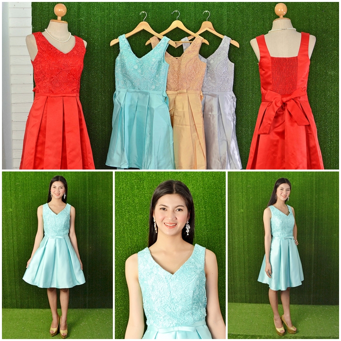 พร้อมส่ง S-3XL สีแดง ชุดราตรีสั้น แขนกุด ปัช่วงบนผ้าลูกไม้ กระโปรงทวิส ผูกโบว์ที่หลัง