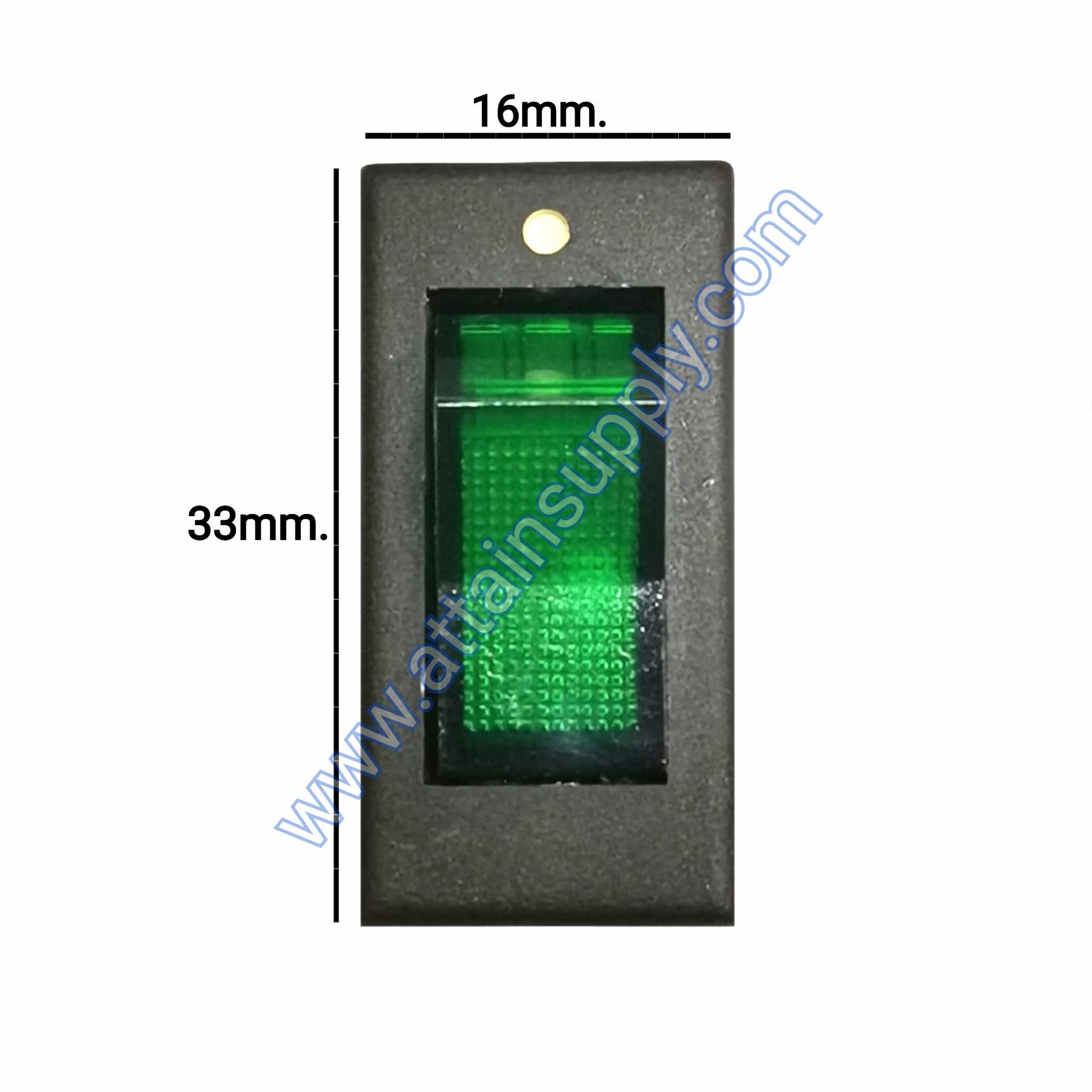 สวิทช์ ขอบจุดขาว-เหลี่ยมบาง 220V./3ขา มีไฟ-สีเขียว (หน้ากระดกตัดเหลี่ยม)