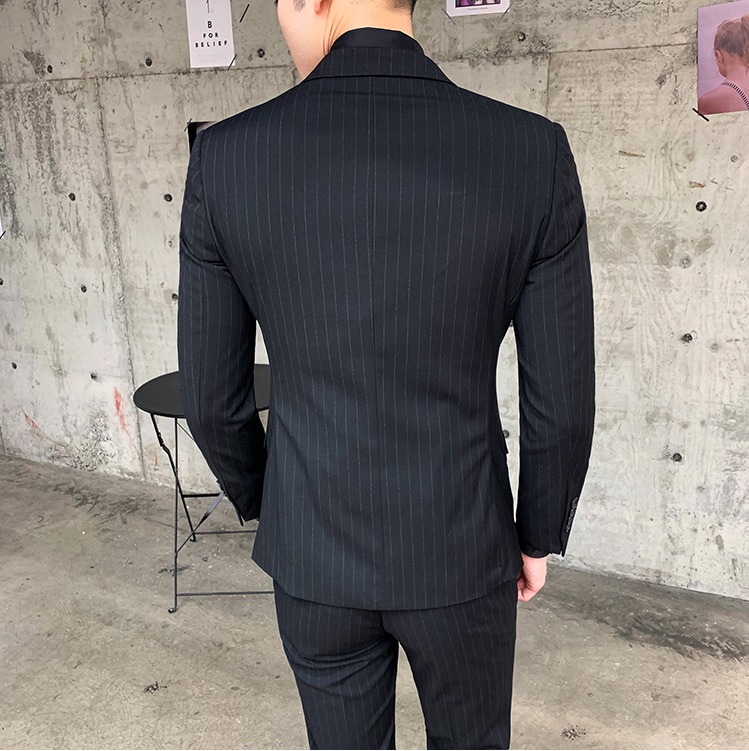 ชุดสูทชาย สีดำ ลายริ้ว รุ่น6กระดุม 3ชิ้น สูท+เสื้อกั๊ก+กางเกง พร้อมส่ง XL