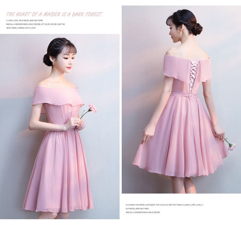 เดรสสั้นไหล่ปาด สีชมพู ผ้าชีฟอง งานร้อยหลัง พร้อมส่ง M