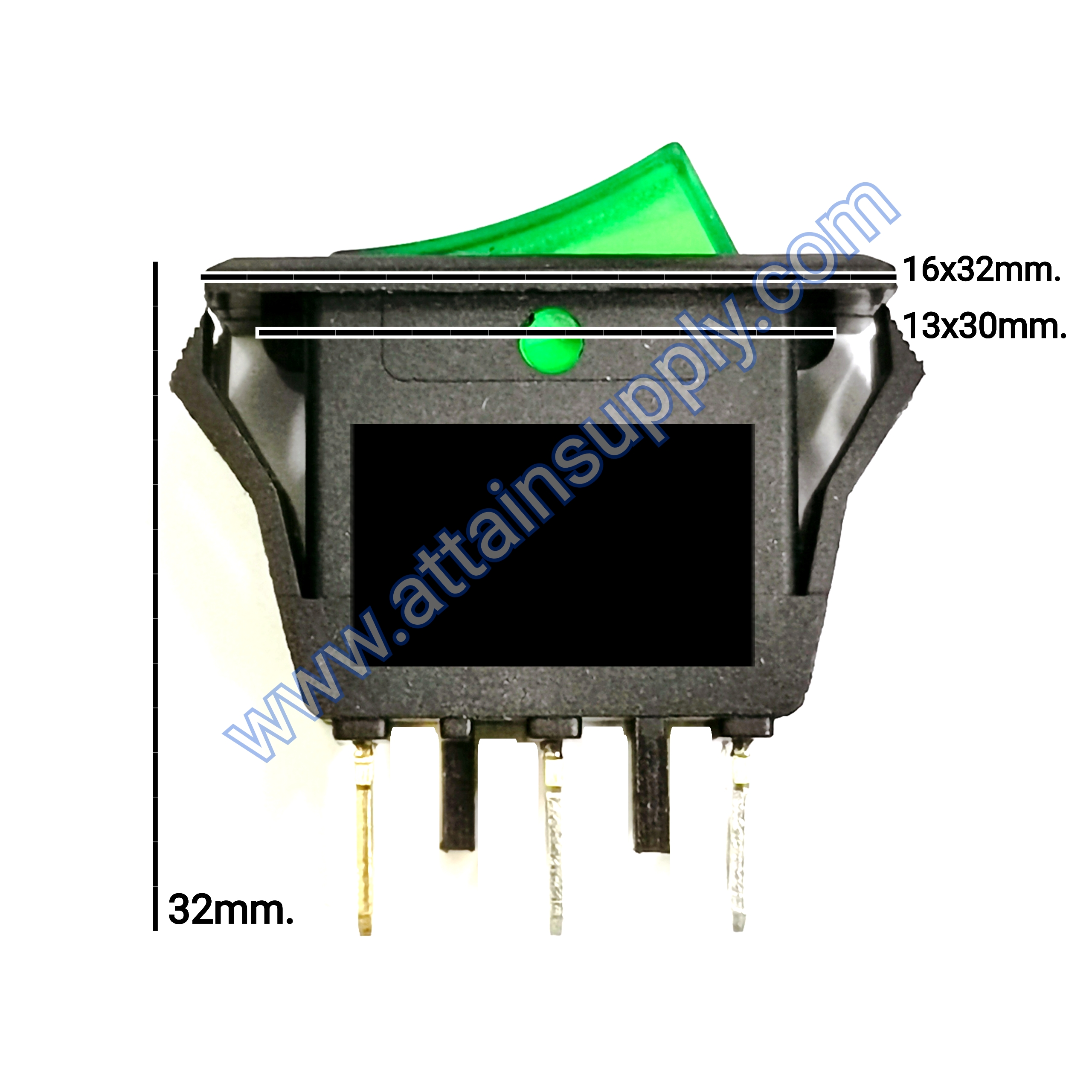 สวิทช์ ขอบจุดขาว-เหลี่ยมบาง 220V./3ขา มีไฟ-สีเขียว