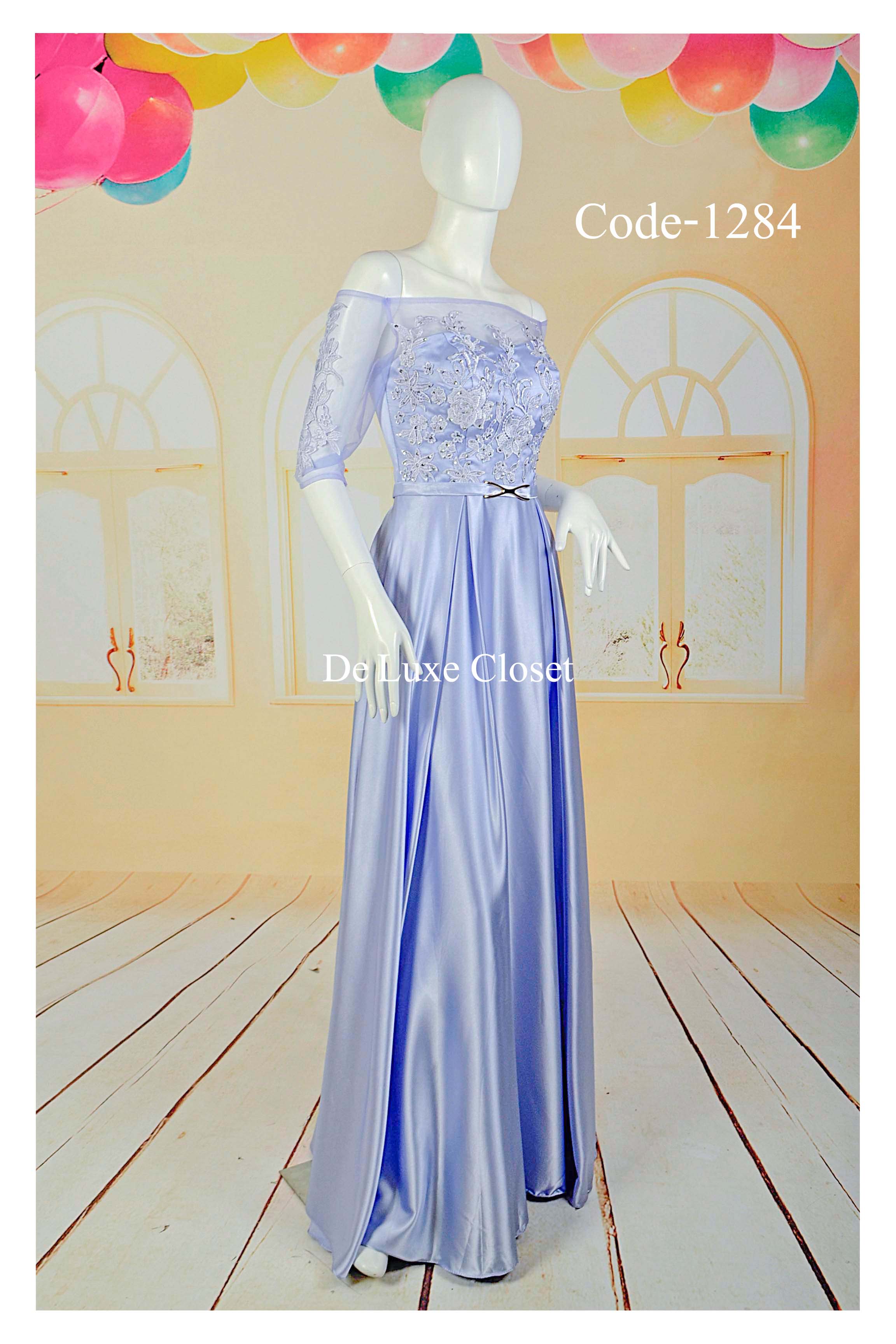 พร้อมส่ง Size XL ชุดราตรียาว ไหล่ปาด ซีทรู กระโปรงผ้าซาติน ดีไซด์เรียบหรู