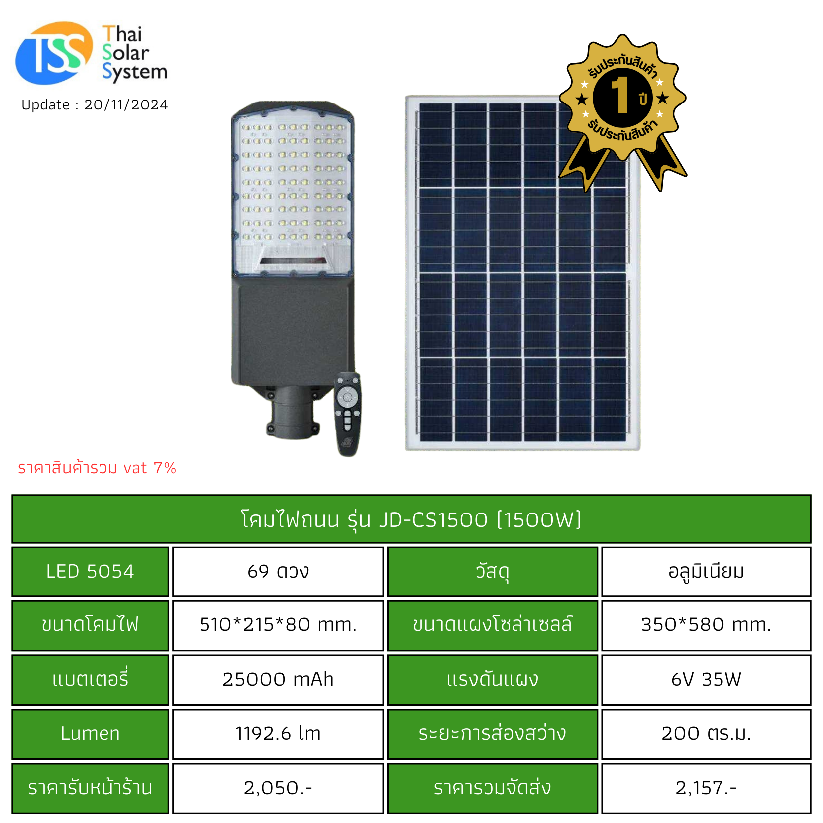 ชุดไฟถนนพร้อมแผง 1500w รุ่น JD-CS1500