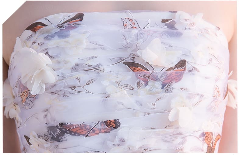 ชุดราตรี หน้าสั้นหลังยาว เกาะอก สีครีม พร้อมส่ง L ผ้าพิมพ์ลายผีเสื้อ งานร้อยหลัง