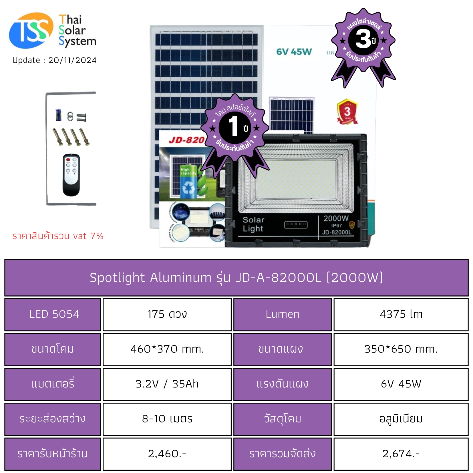 Spot Light โซล่าเซลล์ JD-A-82000L ขนาด 2000w
