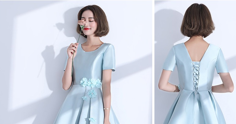 ชุดราตรีสั้น แขนสั้น สีฟ้า Size XL แต่งดอกไม้ช่วงเอว ผ้าไหมดัชเชส งานร้อยหลัง