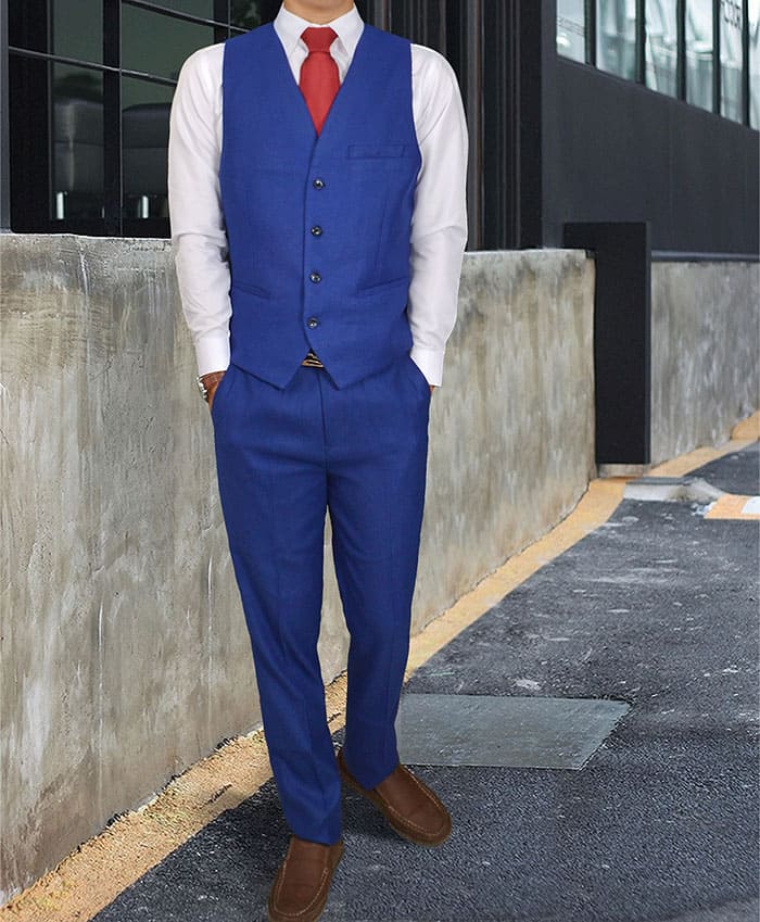 สูทเจ้าบ่าว เกรดพรีเมี่ยม สีน้ำเงินสด ปกดำเงา Size M (สูท+เสื้อกั๊ก+กางเกง)