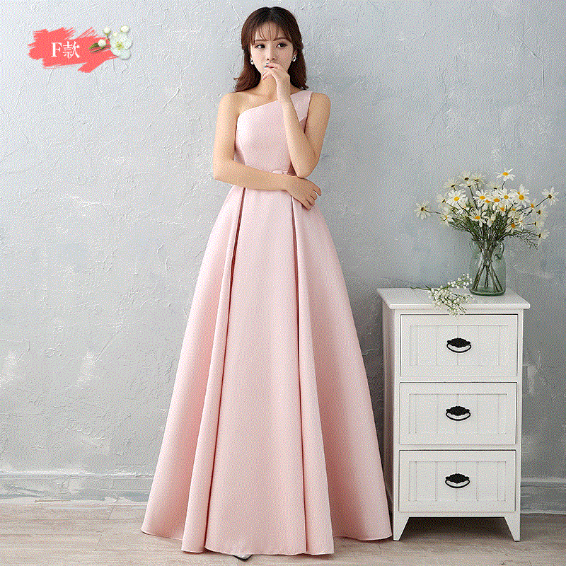 ชุดราตรียาว ไหล่เดี่ยว **สีชมพู(โรสโกล) Size M** ผ้าไหมดัชเชส แต่งโบว์ที่เอว งานร้อยหลัง