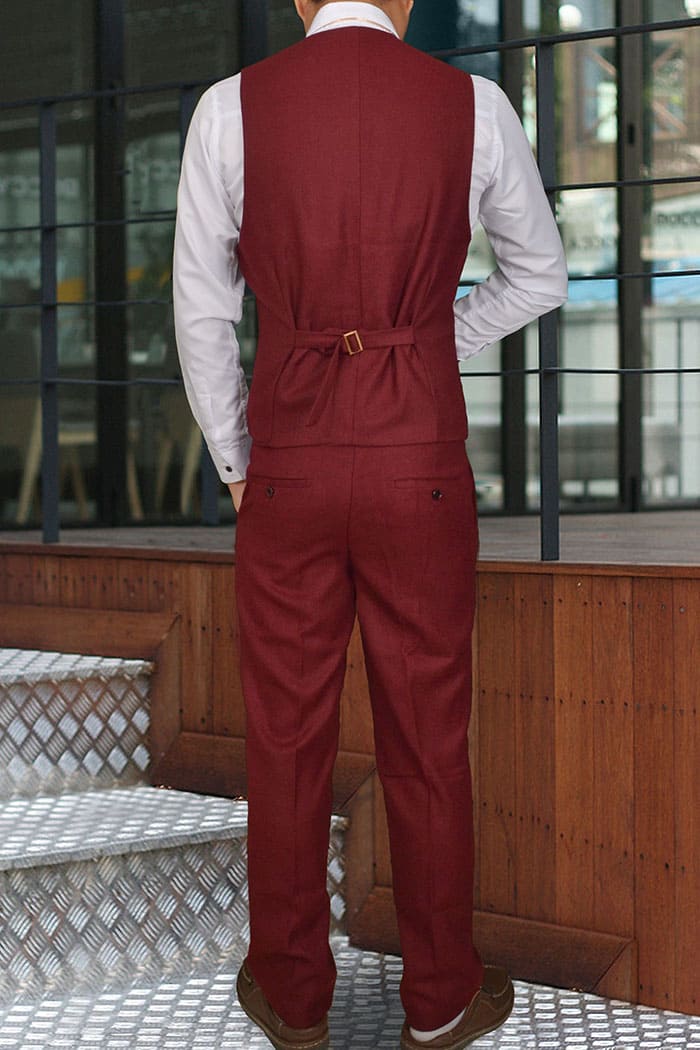 สูทเจ้าบ่าว เกรดพรีเมี่ยม สีไวน์แดง ปกดำเงา Size L (สูท+เสื้อกั๊ก+กางเกง)