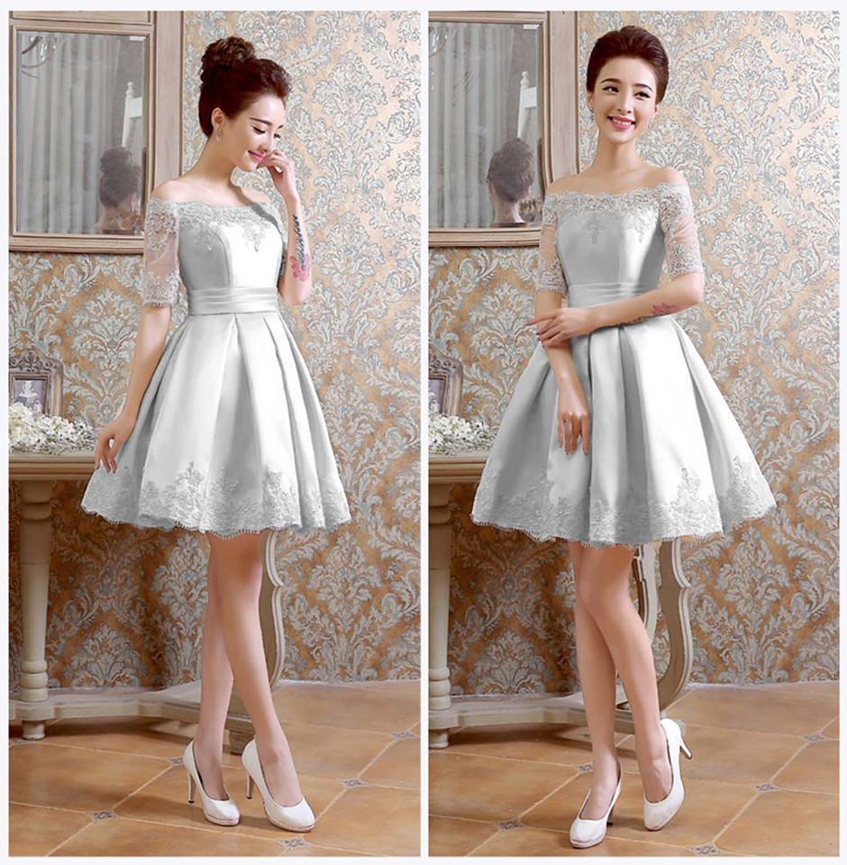 ชุดราตรีสั้น ไหล่ปาด สีเทาเงิน แขนสามส่วน ผ้าไหมดัชเชส