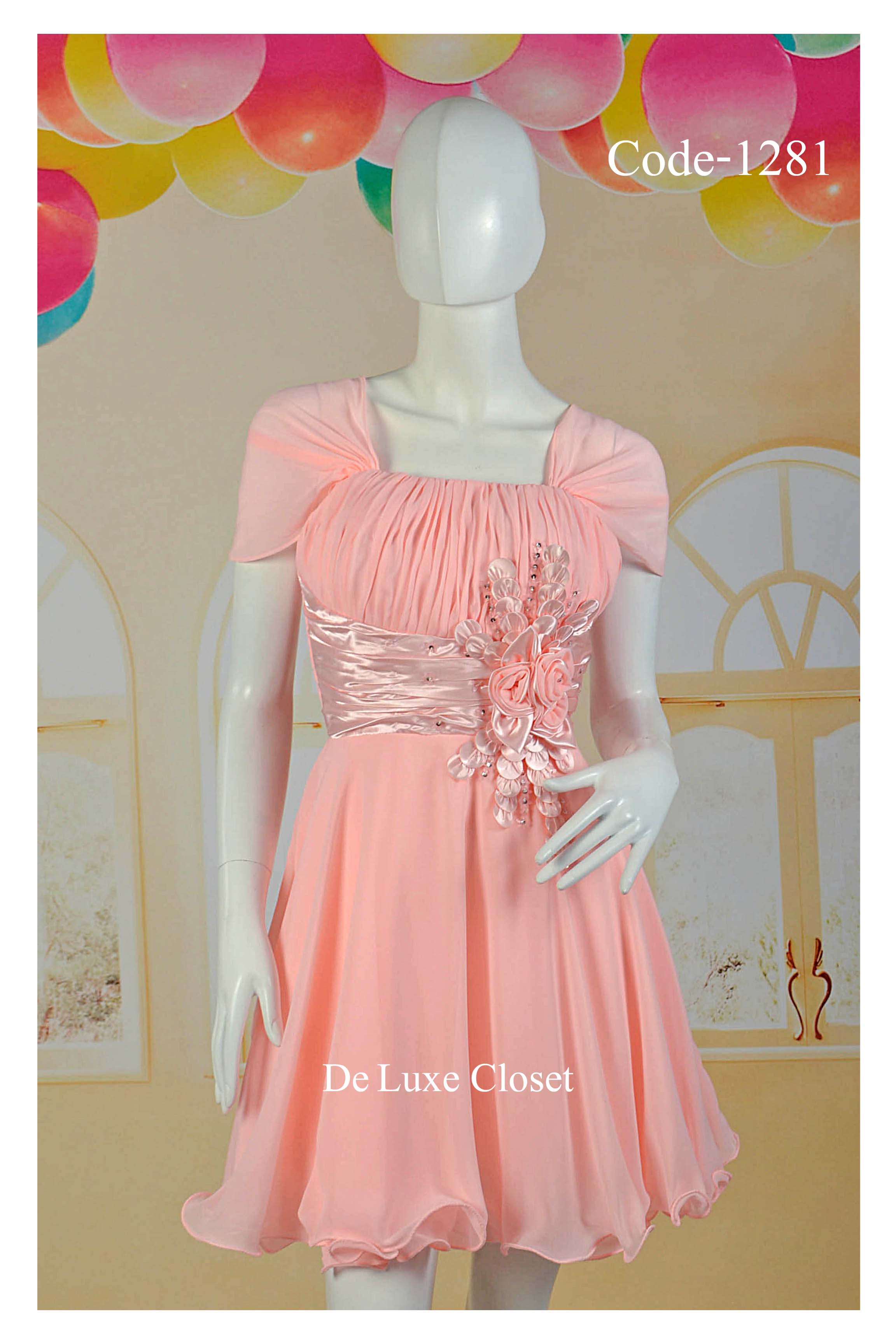 พร้อมส่ง Size 3XL ชุดราตรีสาวอวบ ผ้าชีฟอง ตกแต่งดอกไม้ที่เอว ซิปหลัง ซับในทั้งชุด