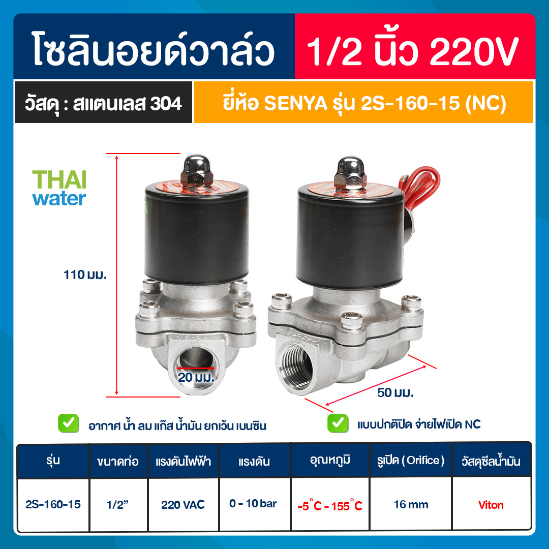 07-2S-04-1-220V-SE SENYA โซลินอยด์วาล์วสแตนเลส สตรีม ทนความร้อนได้ 155 องศา วาล์วไฟฟ้า วาล์วน้ำ วาล์วลม N/C 1/2" 220VAC