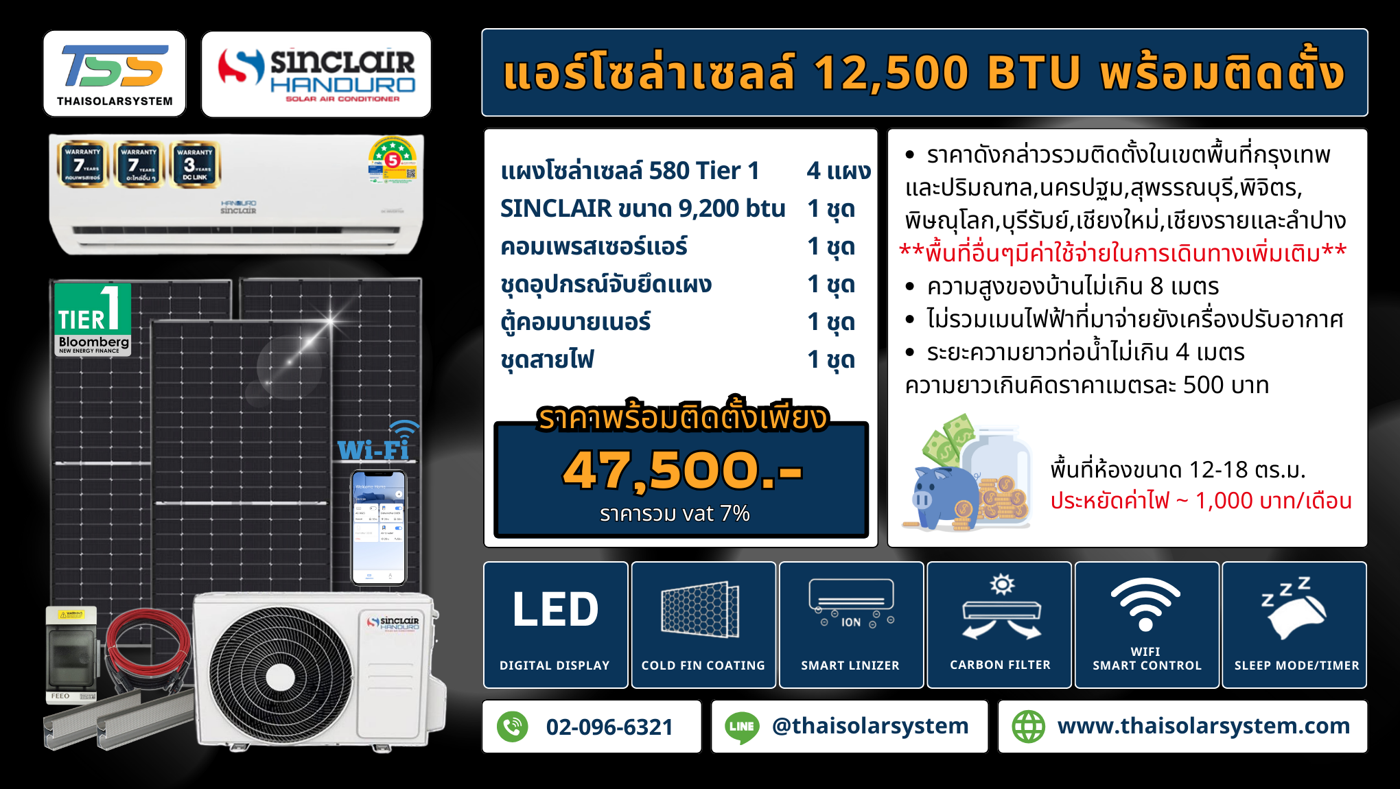 แอร์โซล่าเซลล์ Sinclair 12,500 BTU (พร้อมติดตั้ง)