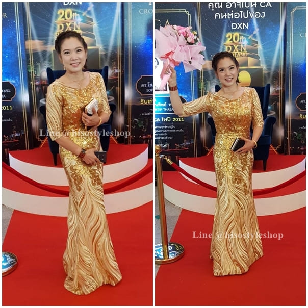 ชุดราตรียาว สีทอง ผ้าปักเลื่อม แขนสั้น ทรงหางปลา ซิปหลัง พร้อมส่ง L