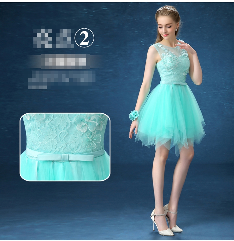 ชุดราตรีสั้น แขนกุด สีเขียวมินต์ *Size L* แต่งดอกลอย โบว์เอว ผ้าตาข่ายนิ่ม ซับในทั้งชุด งานร้อยหลัง