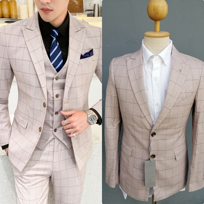 สูทชาย ลายสก๊อต สีครีมเบจ สไตล์เกาหลี (2ชิ้น) สูท+กางเกง พร้อมส่ง L,XL