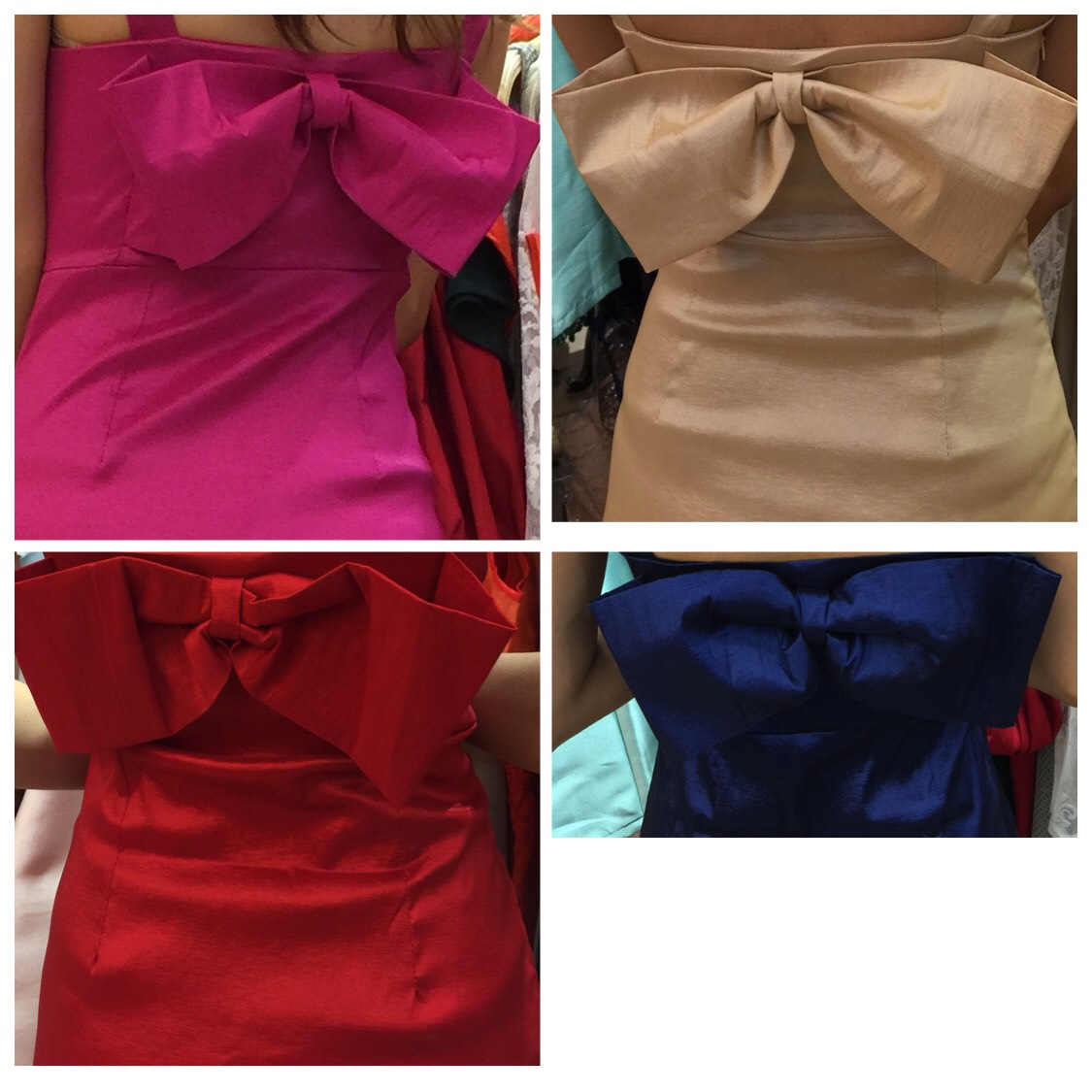 เดรสออกงาน สั้น สายเดี่ยว ผ้าไหมยืด แต่งโบว์ใหญ่กลางหลัง พร้อมส่ง M *สีน้ำเงิน*