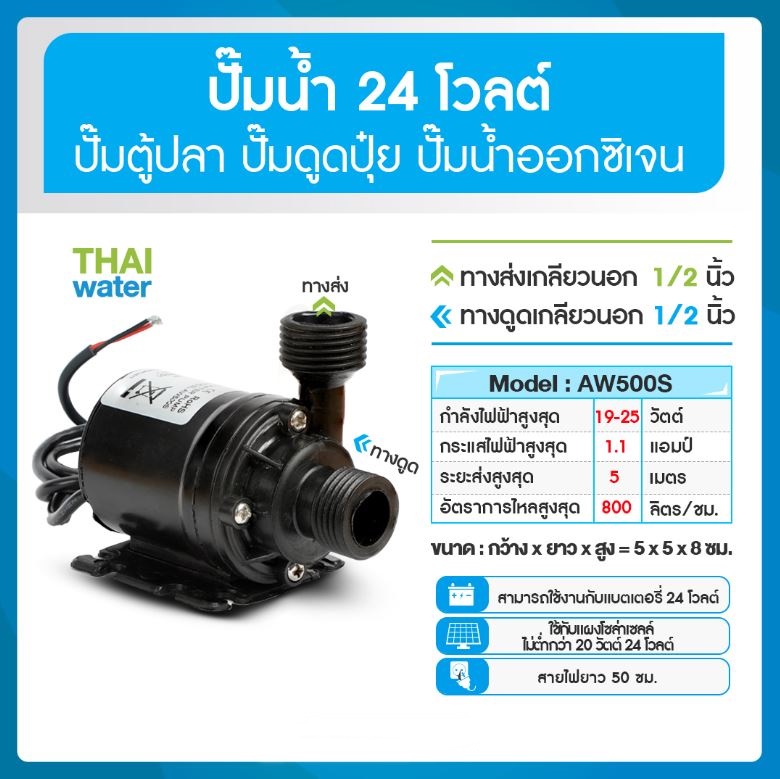 06-AW500S-24VDC ปั๊มจุ่ม ปั๊มน้ำตู้ปลา ปั๊มบ่อปลา ปั๊มน้ำพุ ปั๊มดูดปุ๋ย DC24V รุ่น AW500S อัตรา 800 ลิตร/ชม.แบบเกลียวนอก 1/2"