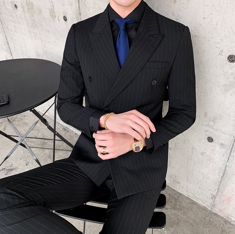 ชุดสูทชาย สีดำ ลายริ้ว รุ่น6กระดุม 3ชิ้น สูท+เสื้อกั๊ก+กางเกง พร้อมส่ง XL