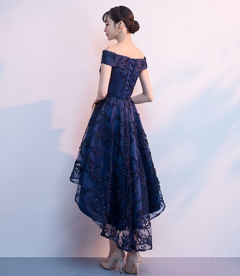 ชุดราตรี หน้าสั้นหลังยาว โอบไหล่ สีเนวี่บลู **ซิปหลัง**