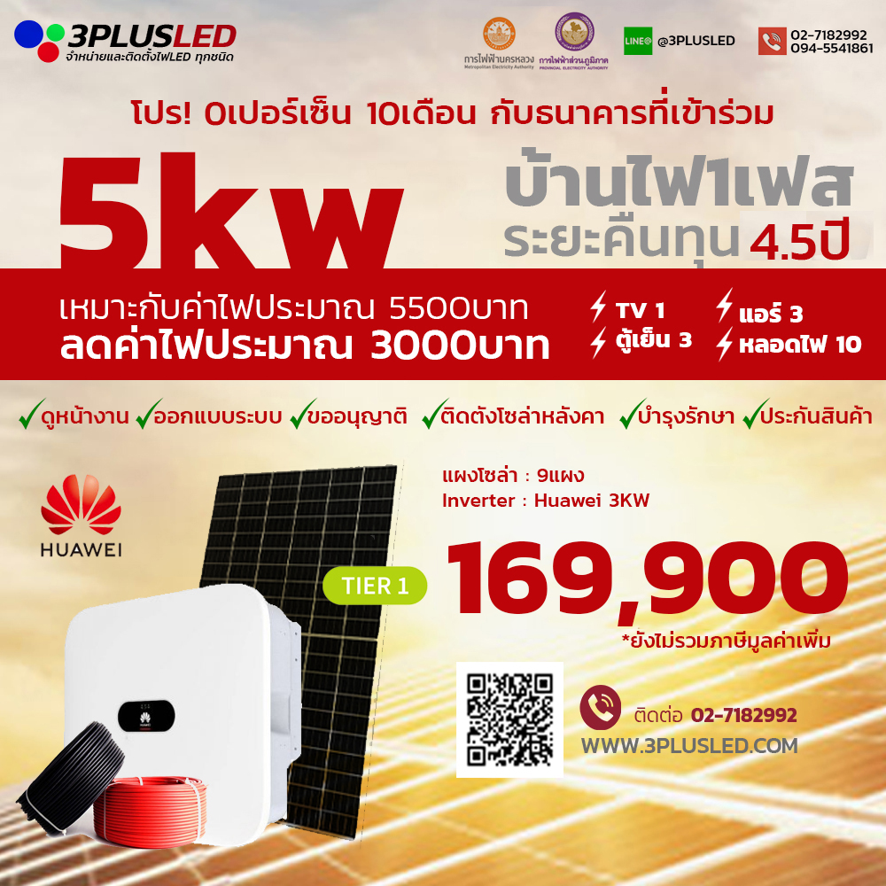 ชุดโซล่า รูฟท็อป 5kW ระบบไฟ1เฟส ราคาพร้อมติดตั้ง ขออนุญาติ รับประกัน