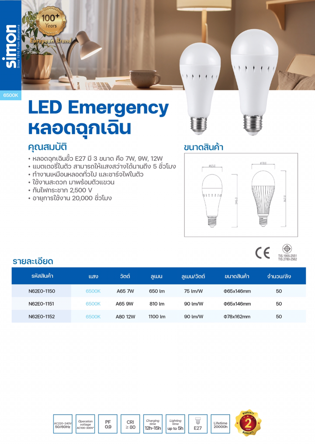 LED A65 หลอดฉุกเฉิน 220V 9W
