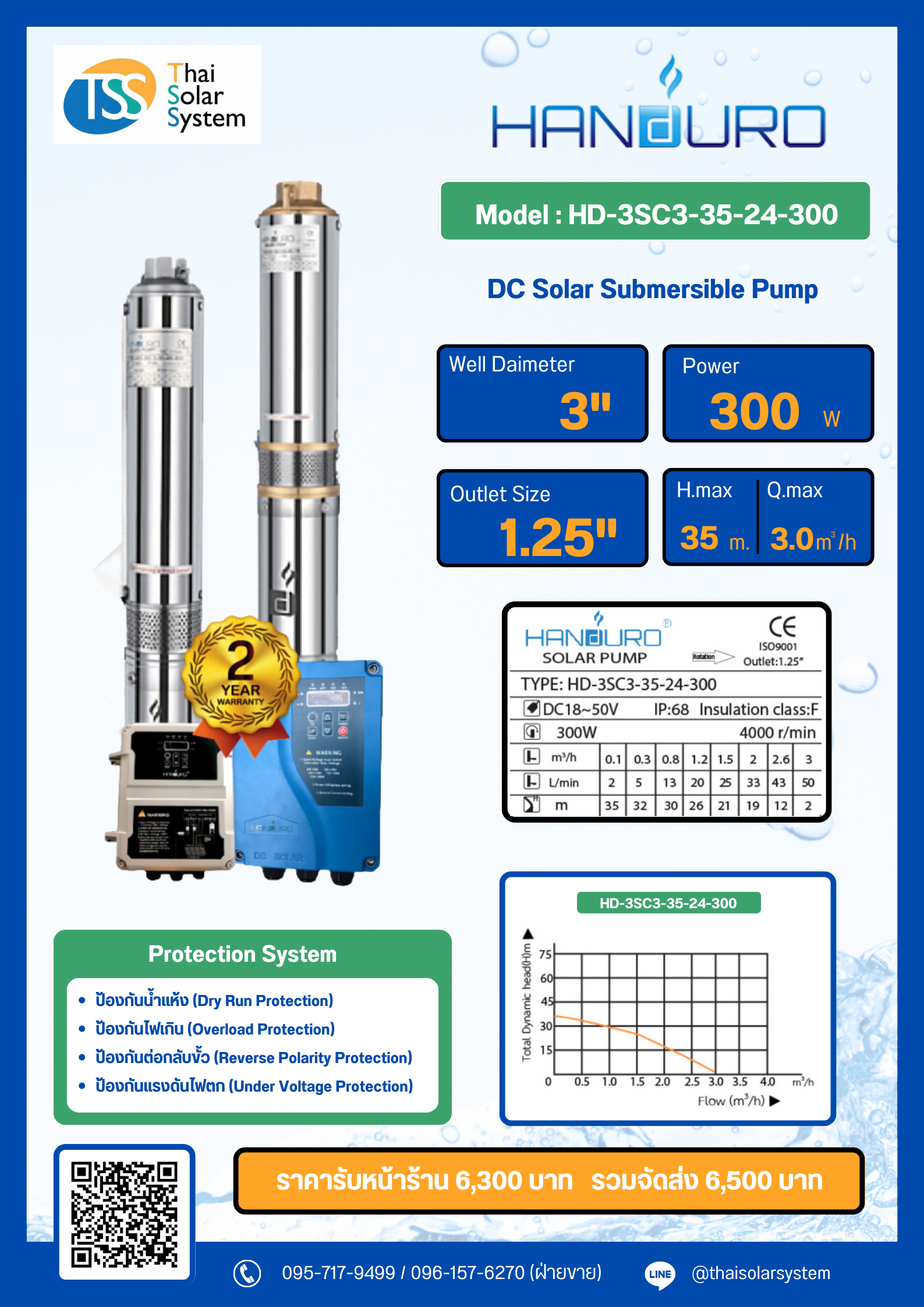 ปั๊มบาดาล DC ยี่ห้อ HANDURO ขนาด 300W