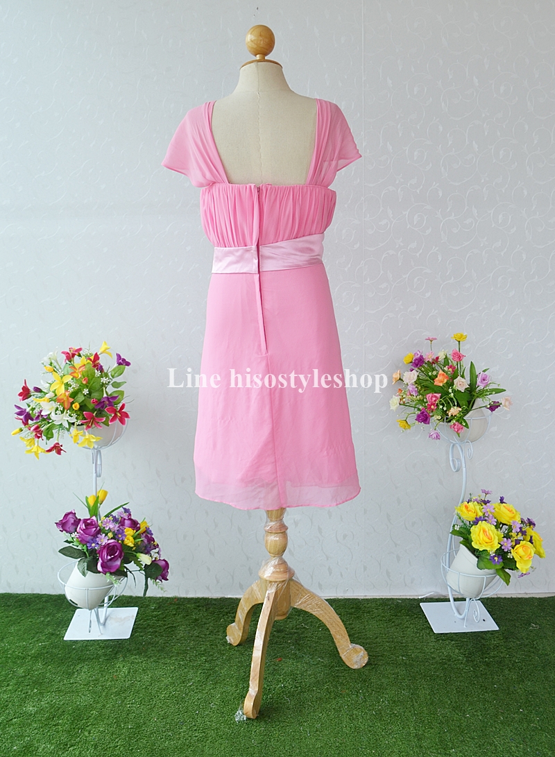 พร้อมส่ง Size 6XL ชุดราตรีสั้น **สามารถใส่ได้7แบบ** ผ้าชีฟอง แต่งโบว์เข็มกลัดหัวใจที่เอว ซิปหลัง