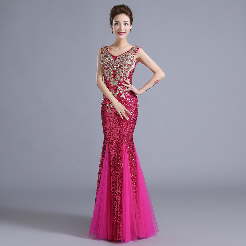 ชุดราตรียาว ทรงหางปลา ผ้าเลื่อม สีชมพูบานเย็น **พร้อมส่ง M** ซิปหลัง