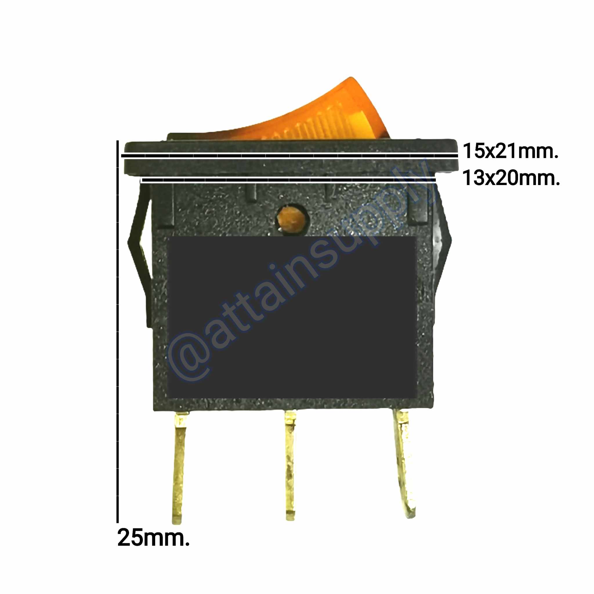 สวิทช์ ON-OFF เหลี่ยมเล็ก 220V./3ขา มีไฟ-สีเหลือง