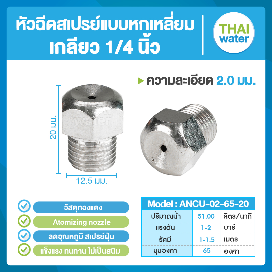04-ANCU-02-6520 หัวฉีดสเปรย์แบบหกเหลี่ยม ทองแดง เกลียว 1/4'' 2.0 มม. 65องศา Atomizing nozzle