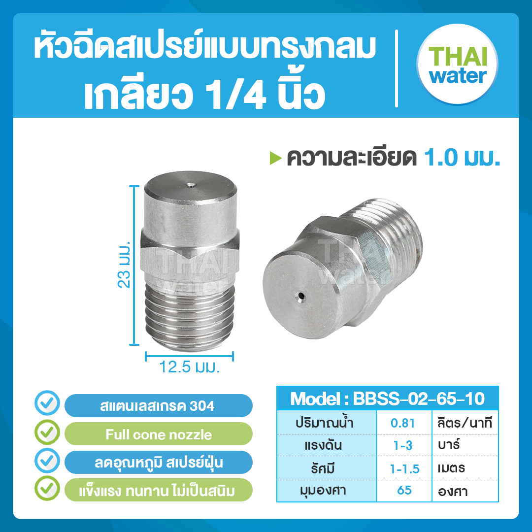 04-BBSS-02-6510 หัวฉีดสเปรย์แบบทรงกลม สแตนเลส เกรด 304 เกลียว 1/4 '' 1.0 มม. 65 องศา Full cone nozzle