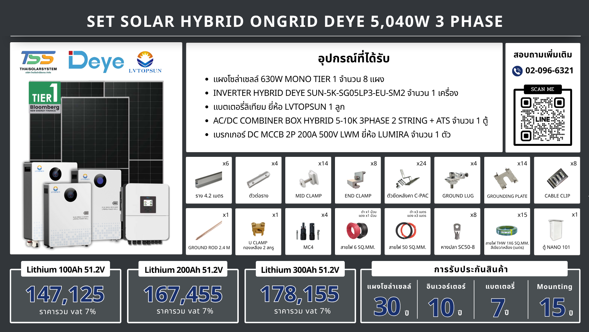 ชุด Hybrid 0ngrid Deye 5040W 3 phase + Battery Lithium LVTOPSUN (เฉพาะของ)