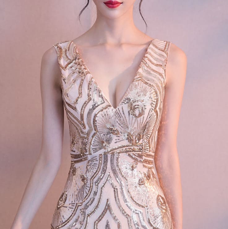 ชุดราตรียาว แขนกุด สีทอง ผ้าปักเลื่อม ซิปหลัง Size 2XL