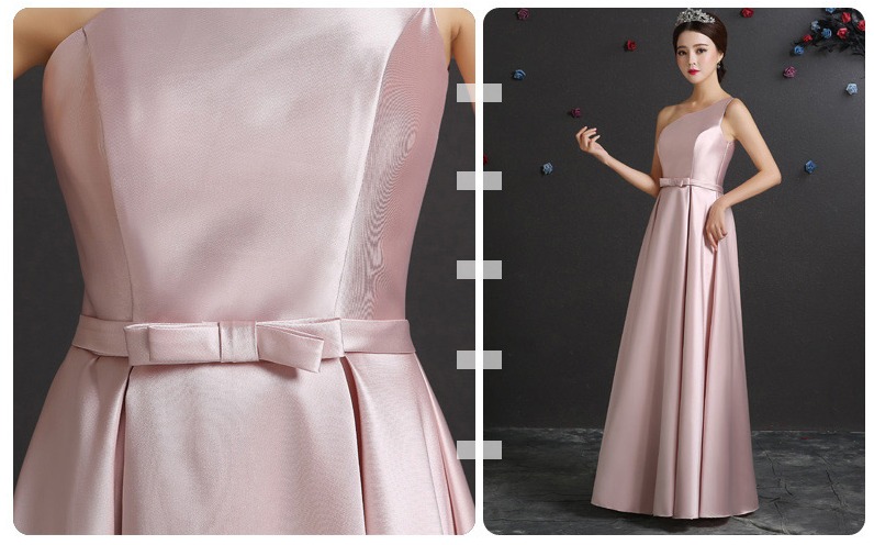 ชุดราตรียาว ไหล่เดี่ยว **สีชมพู(โรสโกล) Size M** ผ้าไหมดัชเชส แต่งโบว์ที่เอว งานร้อยหลัง