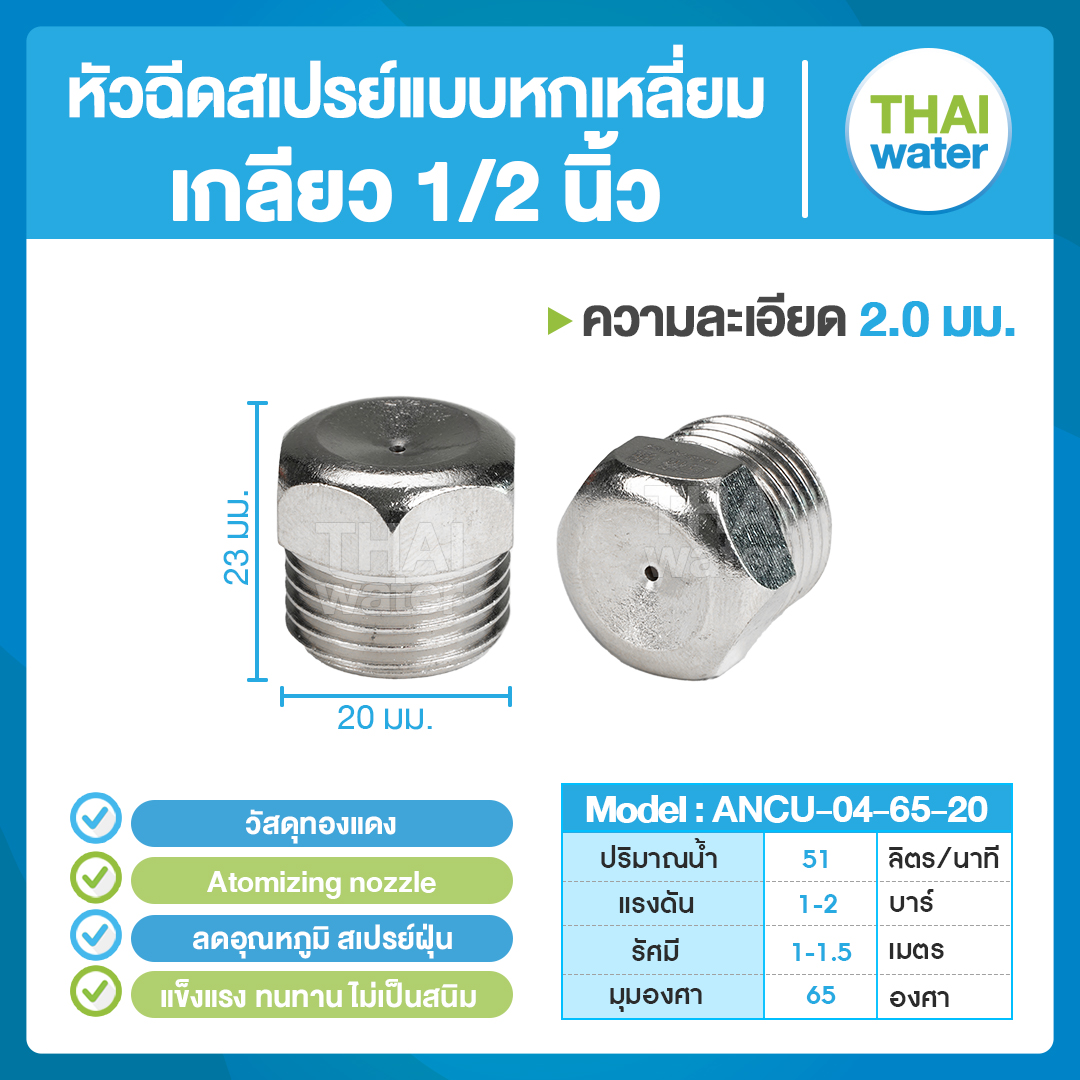 04-ANCU-04-6520 หัวฉีดสเปรย์แบบหกเหลี่ยม ทองแดง เกลียว 1/2'' 2.0 มม. 65องศา Atomizing nozzle
