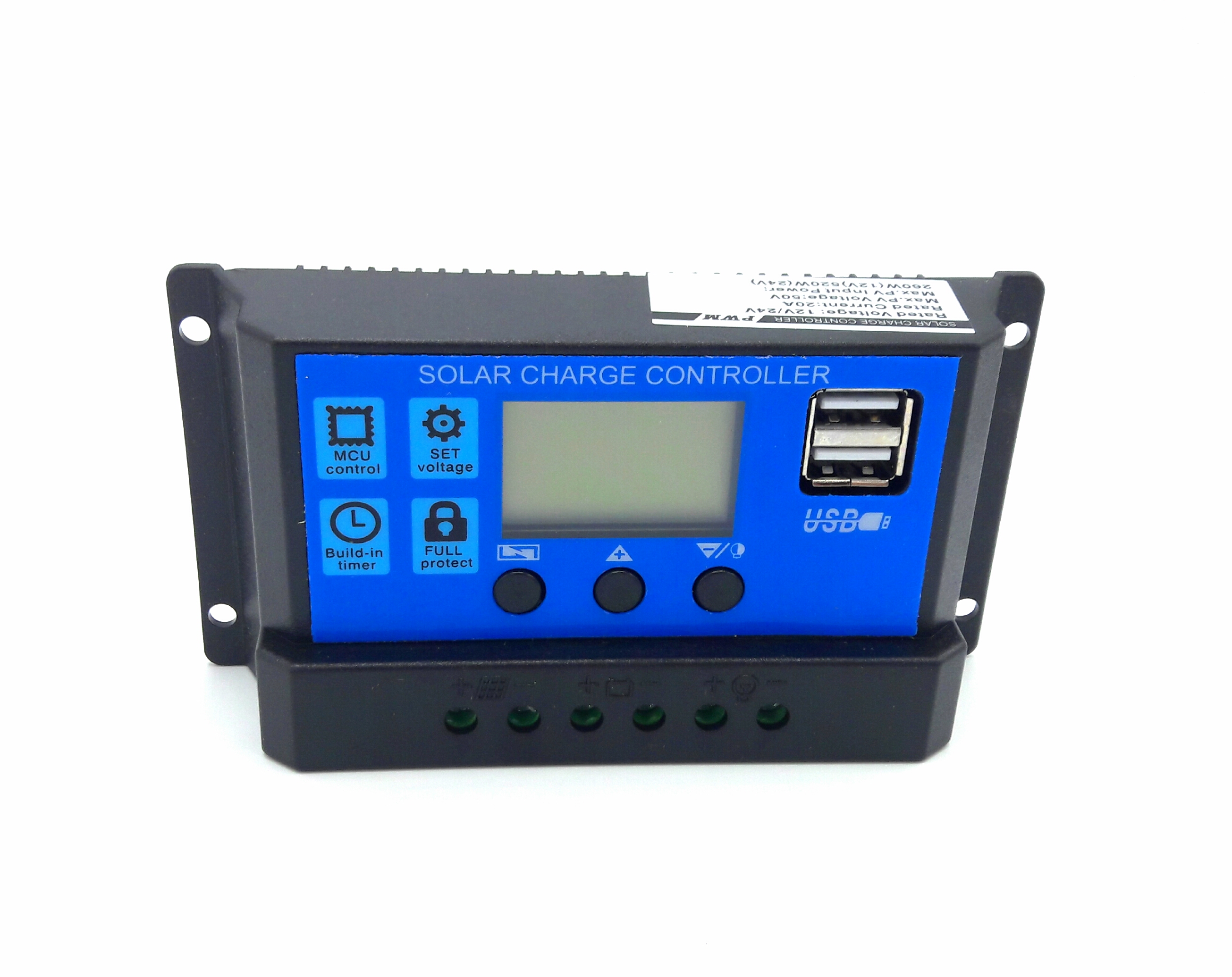 โซล่า ชาร์จเจอร์ 30A 12V / 24V + 2 USB 5V สีน้ำเงิน SKU-502