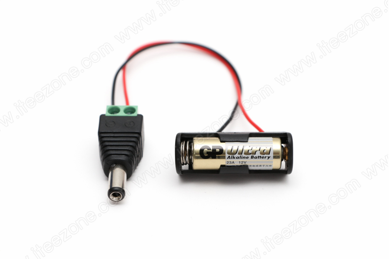 รางถ่านจิ๋ว พร้อมถ่าน 12V 23A 1 ก้อน และขั้วแจ็คเสียบตัวผู้