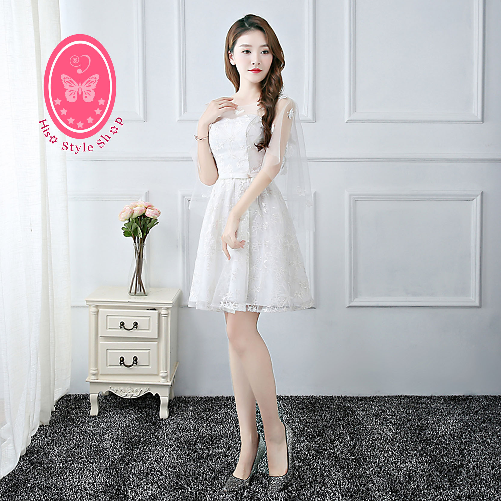 ชุดราตรีสั้น แขนกุด สีขาว พร้อมส่ง M งานร้อยหลัง