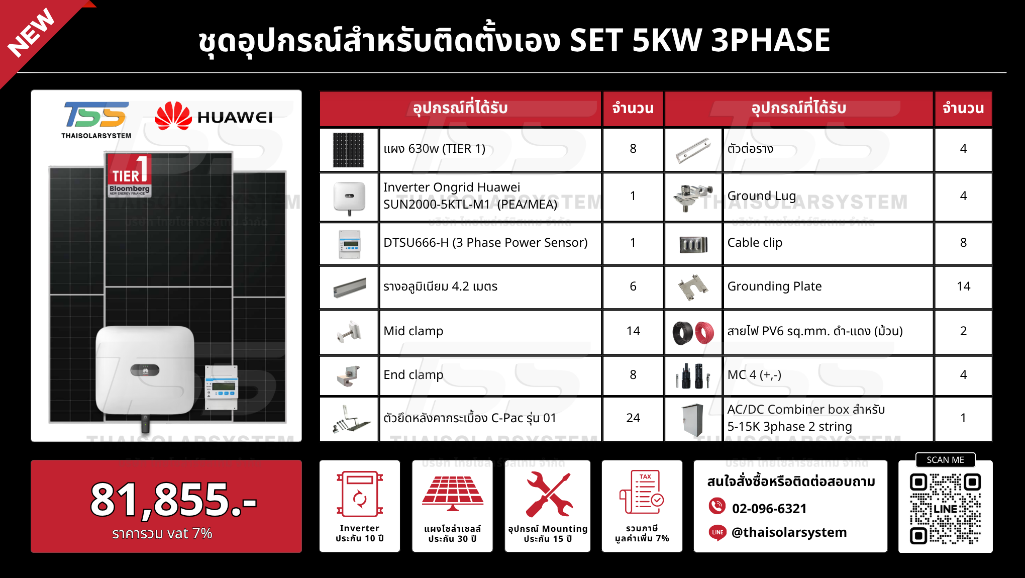 ชุด Ongrid HUAWEI 5K 3 Phase เฉพาะของ (สำหรับไปติดตั้งเอง)