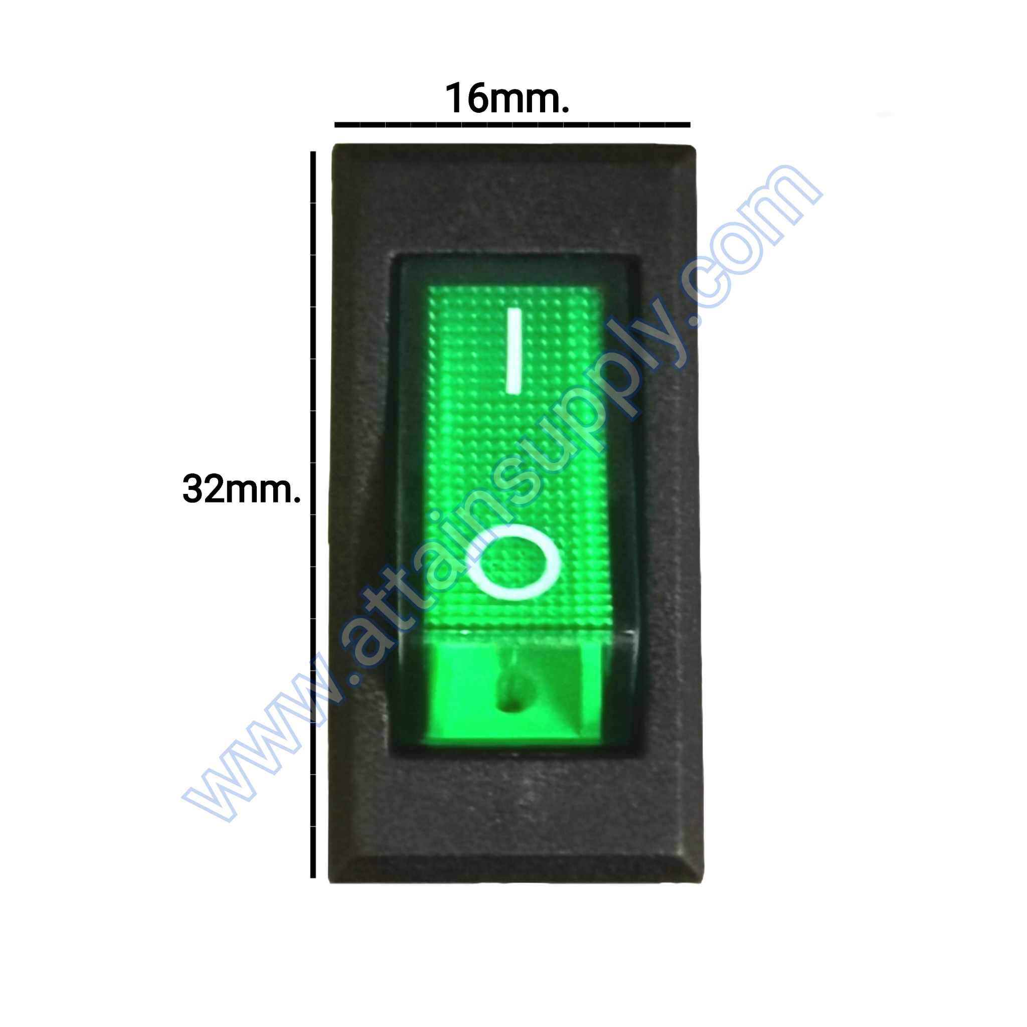 สวิทช์ IO เหลี่ยมบาง 220V./3ขา มีไฟ-สีเขียว