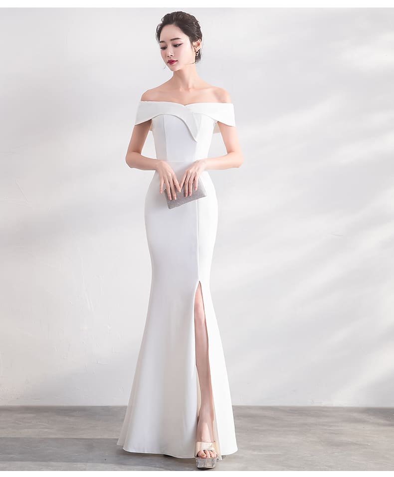 ชุดราตรียาว ไหล่ปาด สีขาว ซิปหลัง แบบเรียบหรู พร้อมส่ง XL