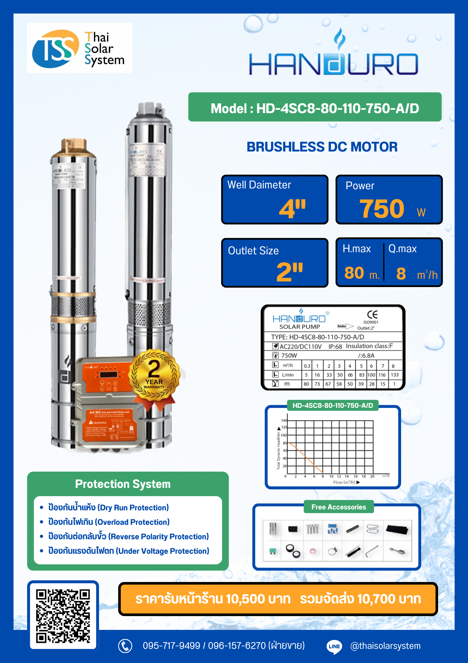 ปั๊มบาดาล AC/DC ยี่ห้อ HANDURO ขนาด 750W