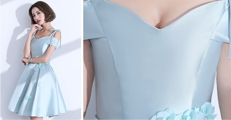 ชุดราตรีสั้น โอบไหล่ สีฟ้า Size XL แต่งดอกไม้ช่วงเอว ผ้าไหมดัชเชส งานร้อยหลัง