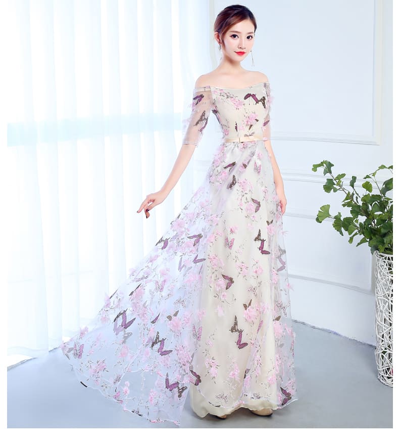 ชุดราตรียาว เปิดไหล่ สีชมพู Size 3XL ผ้าพิมพ์ลายผีเสื้อ ติดดอกไม้ลอย งานร้อยหลัง