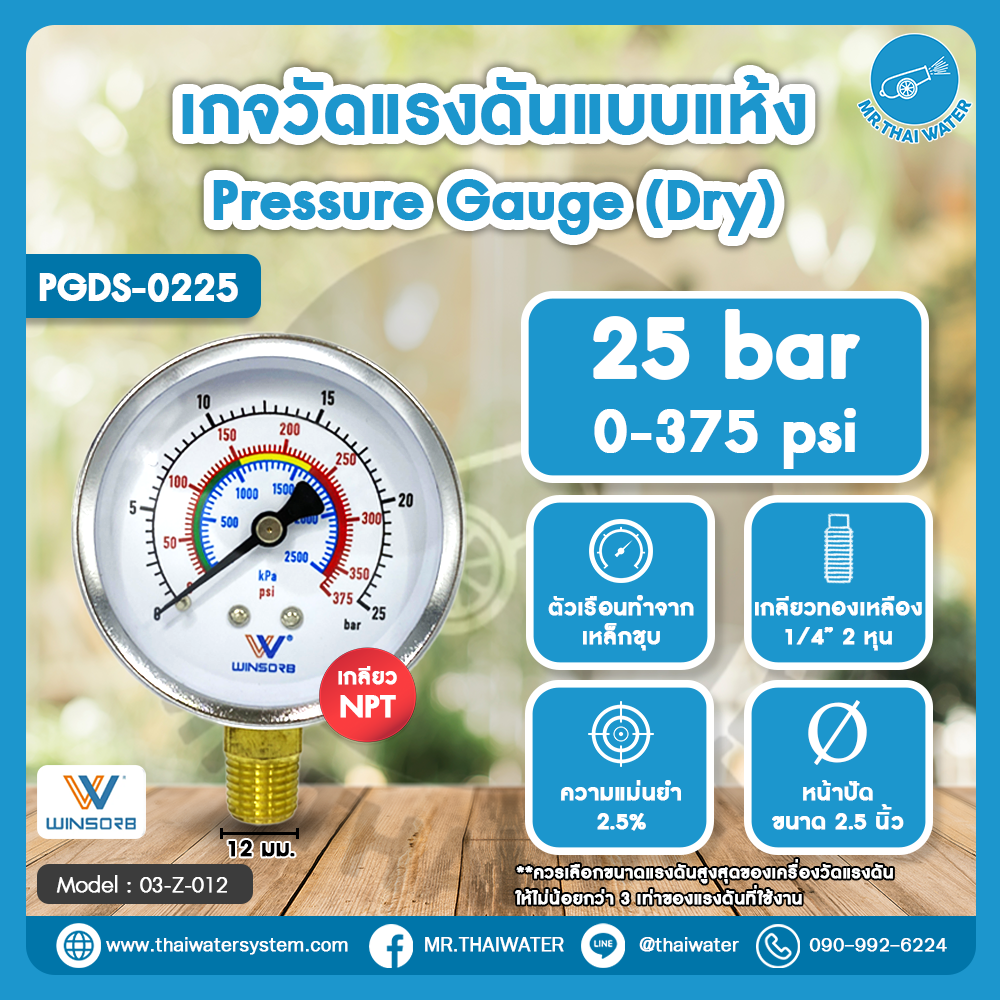 03-Z-012 เกจวัดแรงดันแบบแห้ง 25 บาร์ 0–375 psi