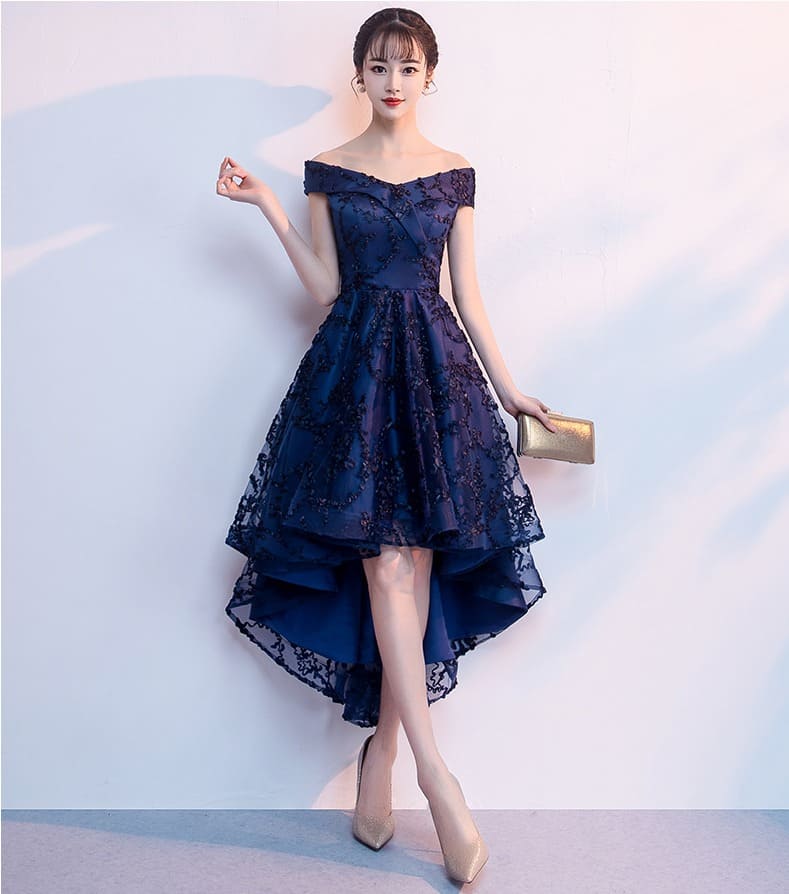 ชุดราตรี หน้าสั้นหลังยาว โอบไหล่ สีเนวี่บลู **ซิปหลัง**