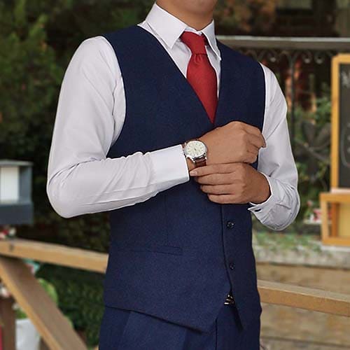 สูทเจ้าบ่าว เกรดพรีเมี่ยม สีกรมท่า ปกดำเงา(สูท+เสื้อกั๊ก+กางเกง) พร้อมส่ง S,M